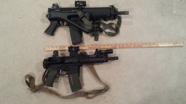 Sig 556 SBR with stock folded (top) AR Pistol in .300 AAC with brace folded (bottom)