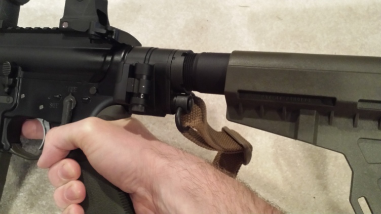 QD Sling Swivel is much better placed into receiver end plate, now at the rear end of the Law Tactical folding hinge.
